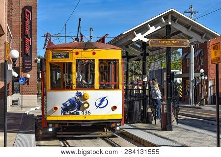 Ybor City Tampa Bay, Florida. January 19 , 2019  Street Car Station In 8th Ave. Ybor City Is A Histo