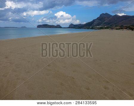 Famous Pink Falassarna Beach With White And Pink Sand And Exotic Blue And Turquoise Waters On Crete 