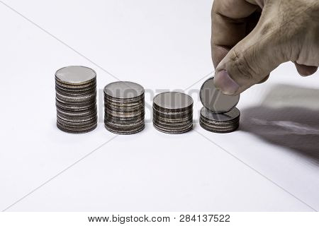 Hand Pick Up Coin To Collect In Stack, Saving Money Concept, Man Hand To Hold Coin Collect To Save, 