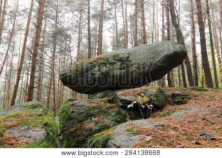 Rocking Stone In The Pine Forest, Vindis Village, Czech Republic