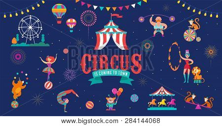 Circus Banner And Background With Tent, Monkey, Air Balloons, Gymnastics, Elephant On Ball, Lion, Ju