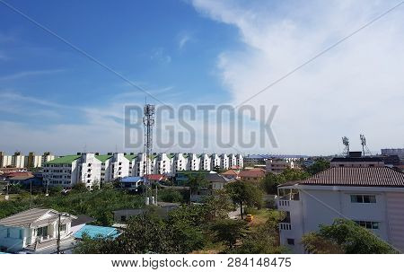 5 January 2019 Pathum Thani Thailand : Cityscape And Building Of City In White Clouds. Pathum Thani