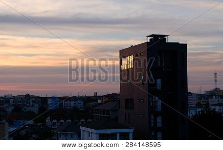 Sunset Of The Metropolitan Rangsit City ,cityscape Urban Condominium Tower.