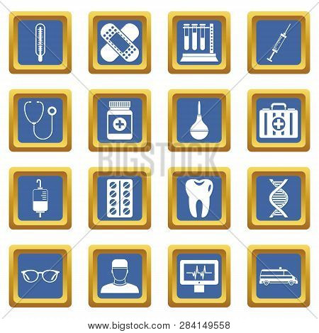 Medicine Icons Set In Blue Color Isolated Illustration For Web And Any Design