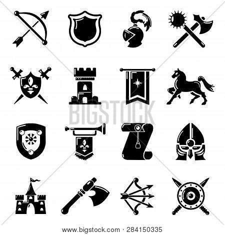 Knight Medieval Icons Set. Simple Illustration Of 16 Knight Medieval Icons For Web