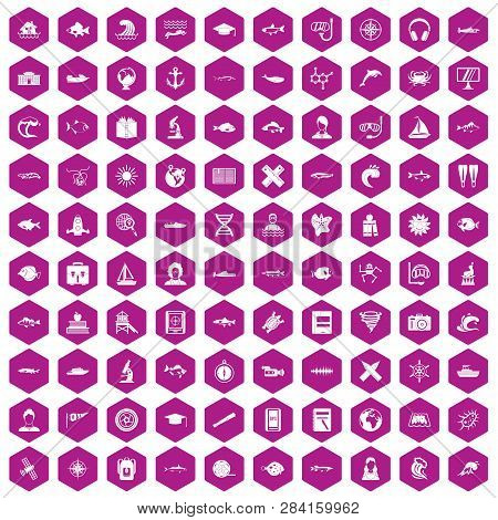 100 Oceanologist Icons Set In Violet Hexagon Isolated Illustration
