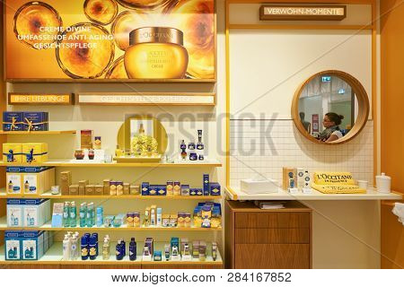 DUSSELDORF, GERMANY - CIRCA SEPTEMBER, 2018: cosmetics on display at Galeria Kaufhof in Dusseldorf.