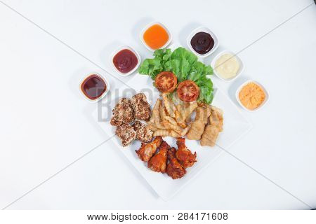 American-style Food Includes Several Menus On A Single Plate With Karake Chicken. Japanese-style Mea