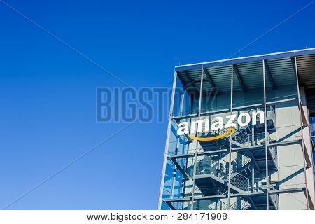 Munich, Germany - December 26, 2018: Amazon Logo At The Company Office Building Located In Munich, G
