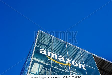 Munich, Germany - December 26, 2018: Amazon Logo At The Company Office Building Located In Munich, G