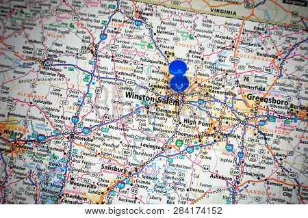 A Map Of Winston-salem, North Carolina Marked With A Push Pin.