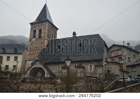 Main Facade Of The Church Of San Esteban In Plan Village. Travel, Landscapes, Nature, Architecture. 