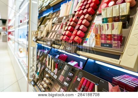 DUSSELDORF, GERMANY - CIRCA SEPTEMBER, 2018: cosmetics on display at Galeria Kaufhof in Dusseldorf.