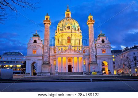 Karlskirche Church Of Vienna Evenig View, Capital Of Austria