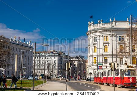 Vienna, Austria - April, 2018: Rennweg Street And The Beautiful Building Of The House Of Industry In