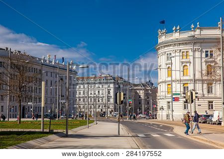 Vienna, Austria - April, 2018: Rennweg Street And The Beautiful Building Of The House Of Industry In