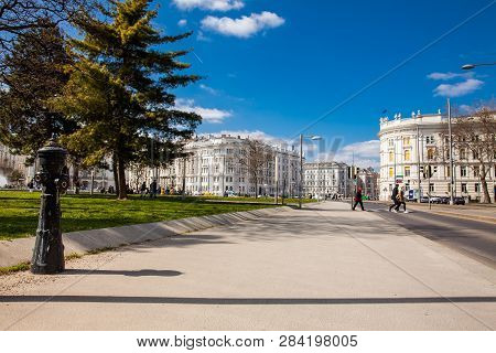 Vienna, Austria - April, 2018: Rennweg Street And The Beautiful Building Of The House Of Industry In