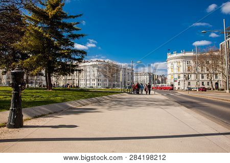 Vienna, Austria - April, 2018: Rennweg Street And The Beautiful Building Of The House Of Industry In