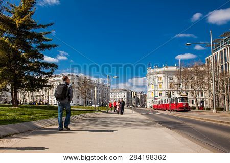 Vienna, Austria - April, 2018: Rennweg Street And The Beautiful Building Of The House Of Industry In