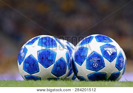 Kyiv, Ukraine - August 28, 2018: Official Uefa Champions League 2018/19 Season Match Balls On The Gr