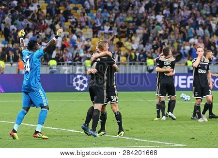 Kyiv, Ukraine - August 28, 2018: Afc Ajax Players Celebrate The Reach Of Group Stage After The Uefa 