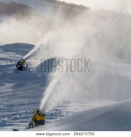 Snowmaking On A Mountain Slope In Park City, Utah