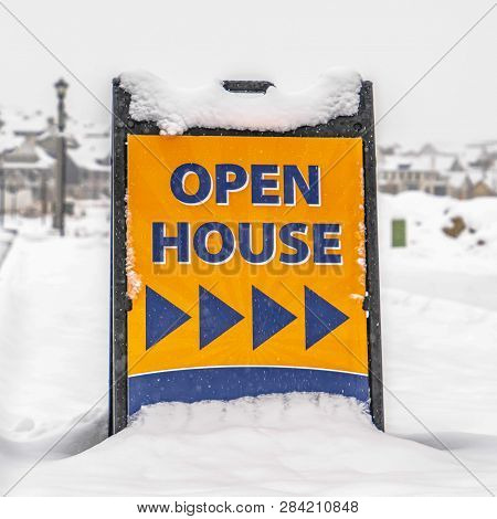 Snowy Open House Sign In Daybreak Utah In Winter