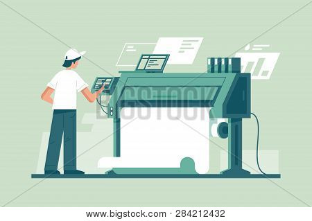 Young Man Working In Typography At Print To Printer. Concept Employee Character, Electronic Device, 