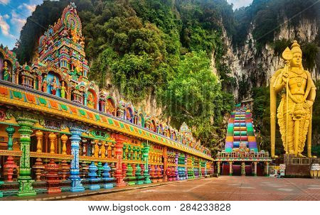 Beautiful view of colorful stairs of Batu caves, Kuala Lumpur, Malaysia. Panorama