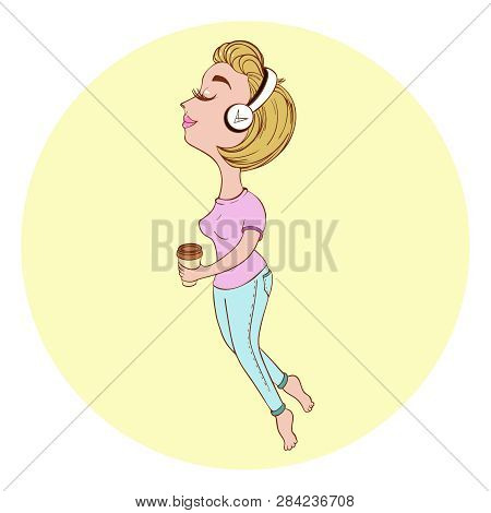 Girl With Coffee In Headphones With Closed Eyes, Takeaway Drinks, Jeans. Vector Image