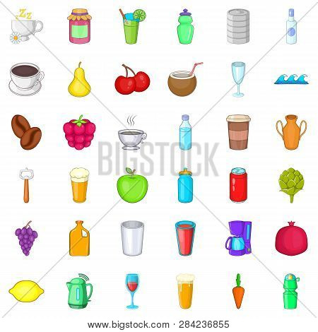 Tasty Drink Icons Set. Cartoon Style Of 36 Tasty Drink Icons For Web Isolated On White Background