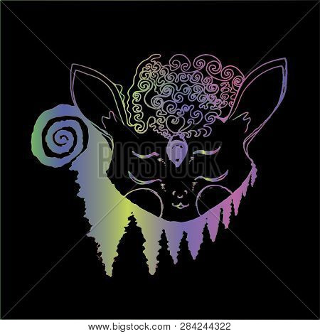 Color Illustration Of A Psychedellic Animal In Meditation, Fractal Trees, Inversion.