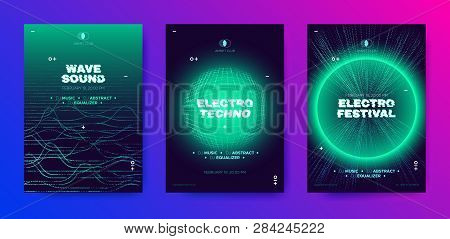 Electronic Music Poster, 3d Neon Round, Distorted Wave Lines. Dj Party Flyer Design With Movement An