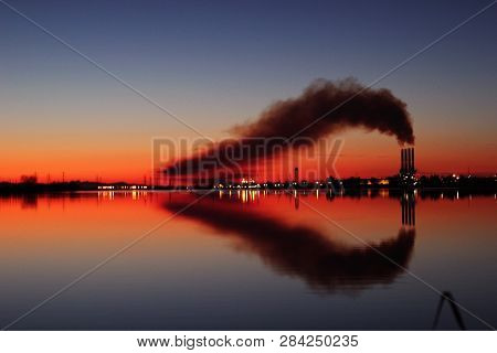 The Neka Power Planet In Mazandaran. Smoke And Sunset
