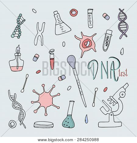 Hand Drawn Vector Objects Set. Nano Technology And Human Dna Research