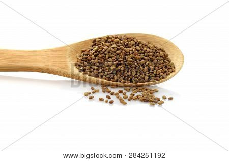Fenugreek Seeds In A Wooden Spoon. Isolated On White Background. Place For Writing.