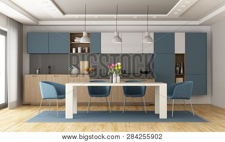 White And Blue Modern Kitchen With Diningtable - 3d Rendering