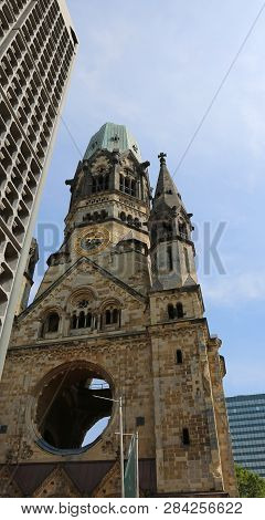 Berlino, Germany - August 17, 2017:  Ruins Of The Imperial Church Called Kaiser Wilhelm Memorial Chu
