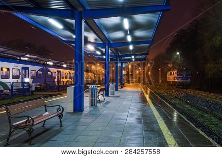 Swinoujscie, West Pomeranian / Poland - 2019: Waiting For Passengers Local Train At The Platform And