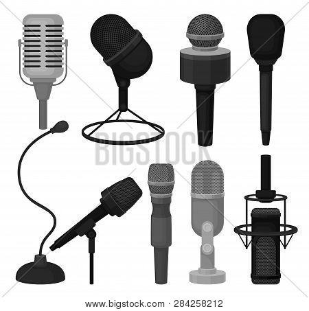 Flat Vector Set Of Microphones. Professional Dynamic And Condenser Mics. Equipment For Recording Voi