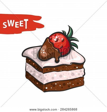 Sweet Cake With Straberry Hand Drawn Illustration