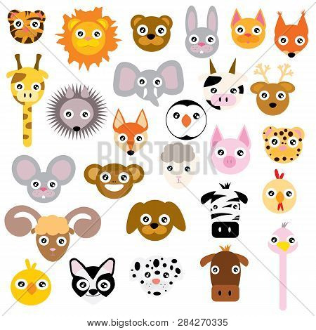 Set Of Animal Heads. Artwork Idea For Baby Products, Badges, Stickers, Circle Magnets.