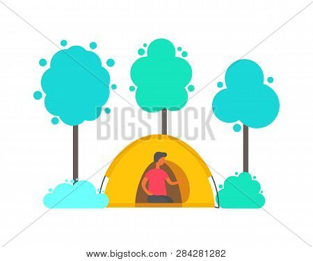 Man In Tent In Forest With Trees And Bushes. Isolated Male Person In Hiking Trip, Tourist On Camping