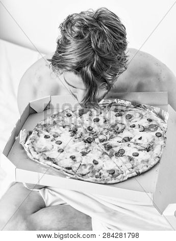 Man Bearded Handsome Guy Eating Cheesy Food For Breakfast In Bed. Shirtless Handsome Young Man With 