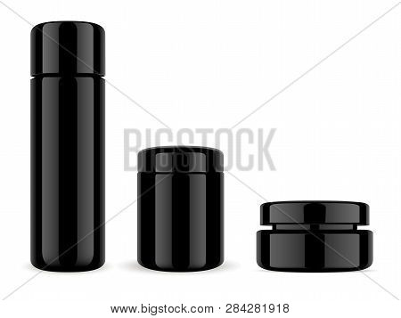 Black Glass Cosmetic Packaging. Premium Shinybottle And Jar Mockup For Shampoo, Gel, Cream. 3d Conta