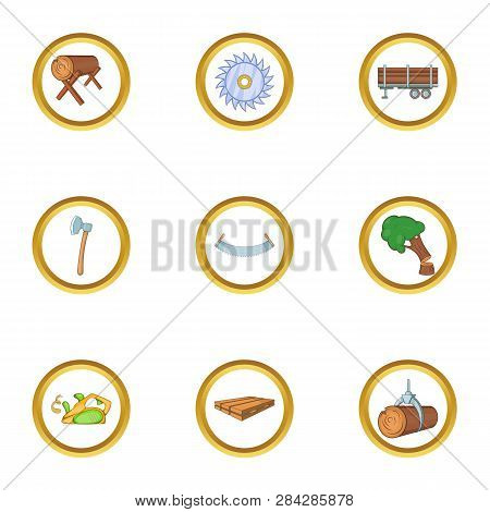Sawmill Icon Set. Cartoon Style Set Of 9 Sawmill Icons For Web Isolated On White Background