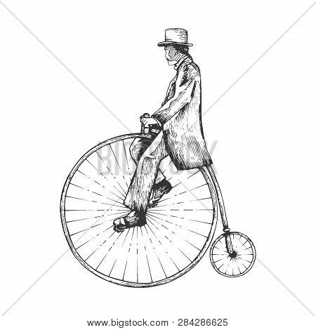 Man On Retro Vintage Old Bicycle Sketch Engraving Vector Illustration. Scratch Board Style Imitation