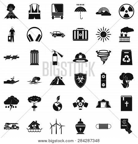 Dreadful Disaster Icons Set. Simple Style Of 36 Dreadful Disaster Icons For Web Isolated On White Ba