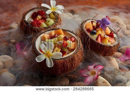 Hawaian fruit salad, coconut with fruitsalad
