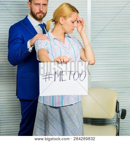 Girl Hold Poster Hashtag Me Too While Colleague Calm Down Her. Worker Share Assault Story. Looking F